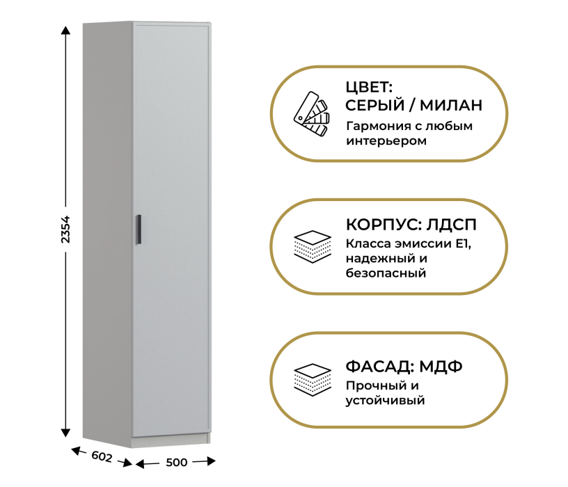 Для одежды, Шкаф однодверный Макс 500 мм, вариант №4 (ЛДСП/МДФ)
