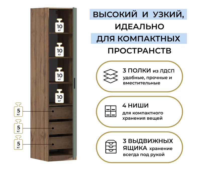 Для одежды, Шкаф однодверный Макс 500 мм, вариант №5 (ЛДСП, корпус дуб вотан)