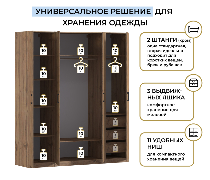 Для одежды, Шкаф четырехдверный Макс 2000 мм, вариант №4 (ЛДСП, корпус дуб вотан)